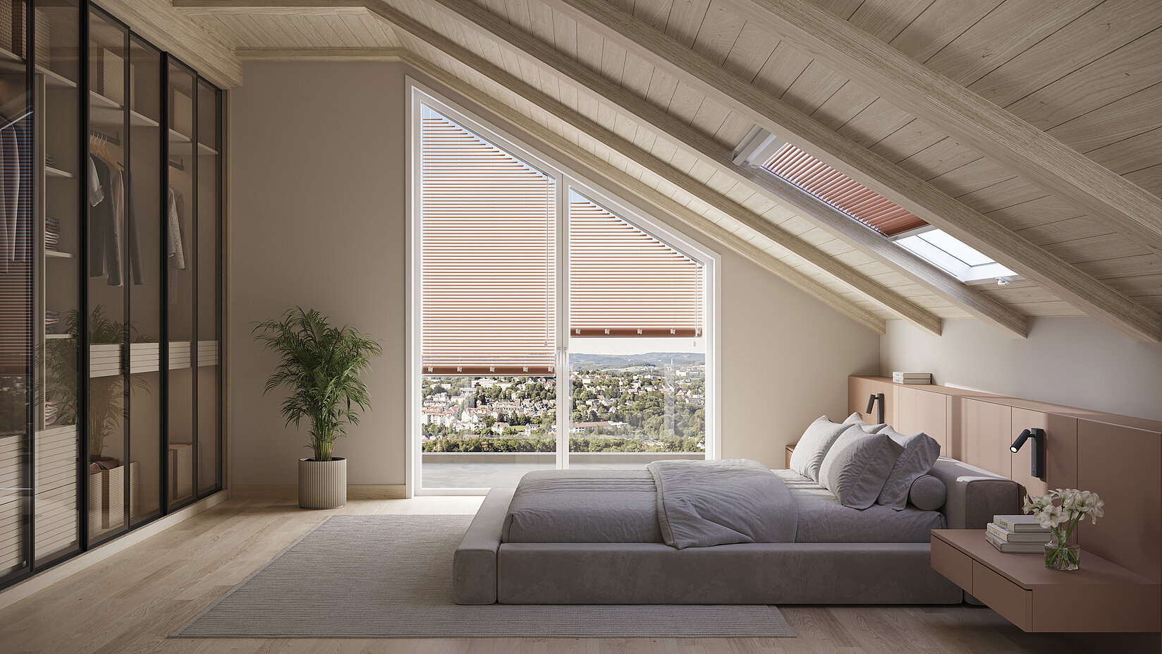 Attic bedroom with MHZ pleated blinds in Velvet Metal on a gable window and roof window.