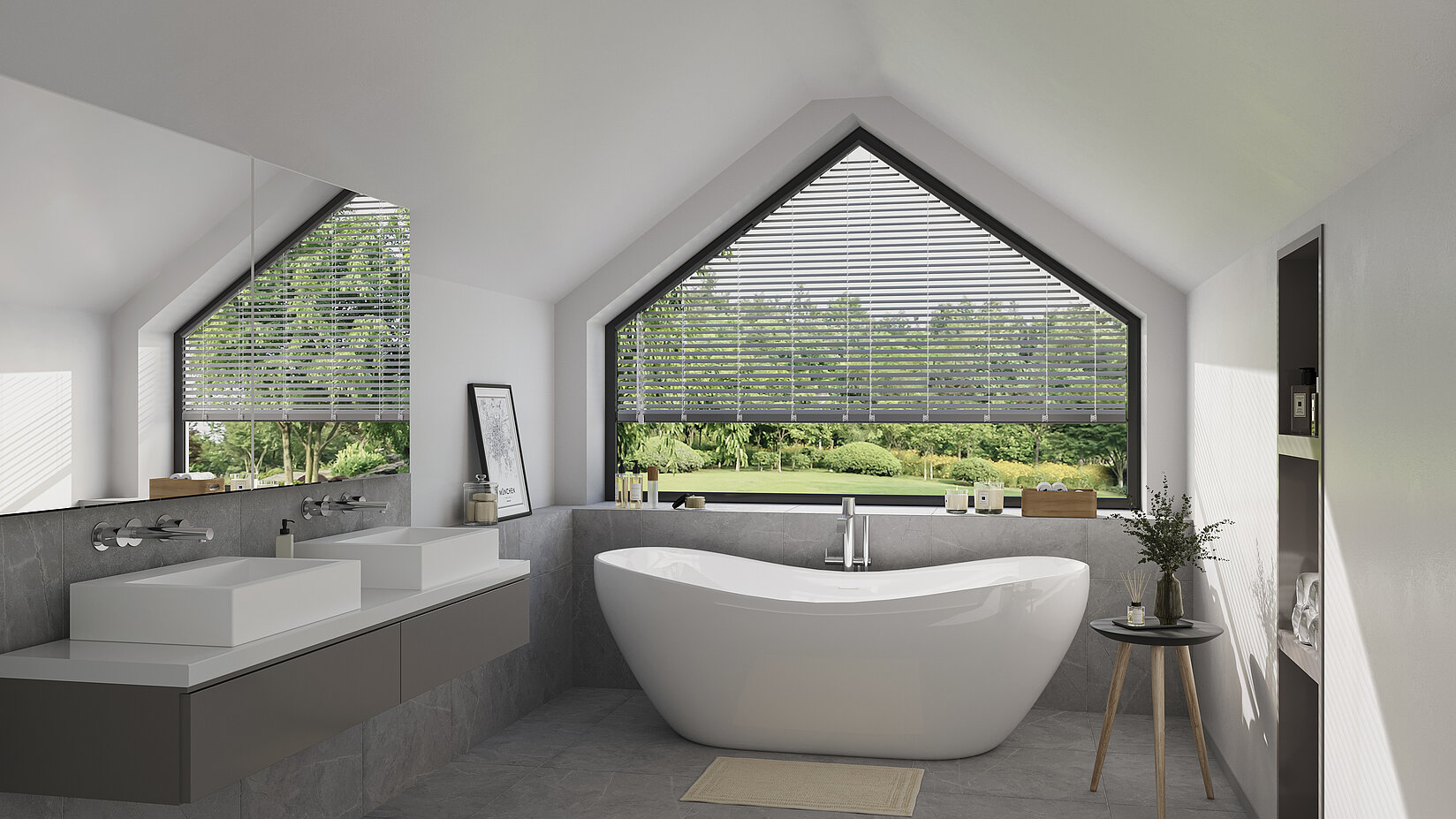 Modern bathroom with triangular window and MHZ venetian blind in Grey Metallic with 25 mm slats for sun and privacy protection.