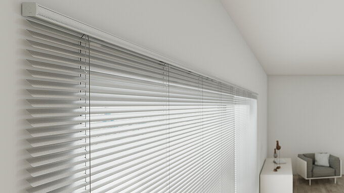 Close-up of MHZ venetian blind with horizontal slats and minimalist headrail installed on a large window.