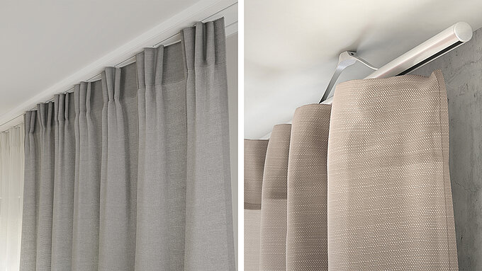 Comparison image with MHZ curtain track on the left (grey fabric, pencil pleats) and curtain pole on the right (beige fabric, wave fold).