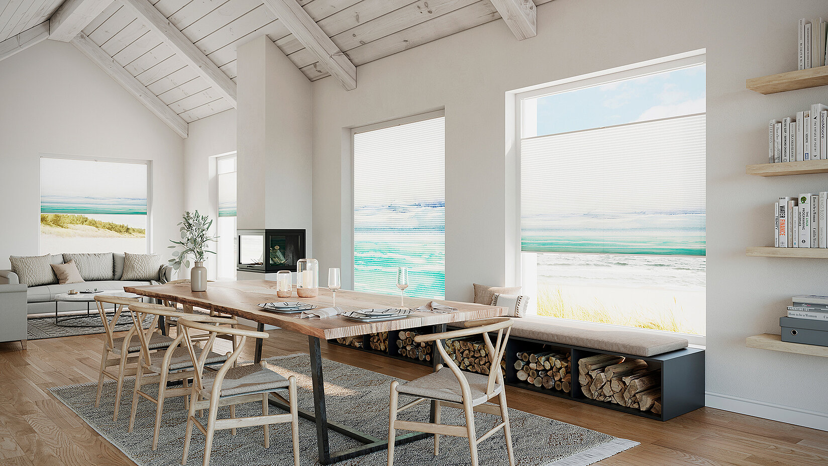 Dining room with MHZ Duette® “Aqualand 6913” blinds showing a beach and ocean design.