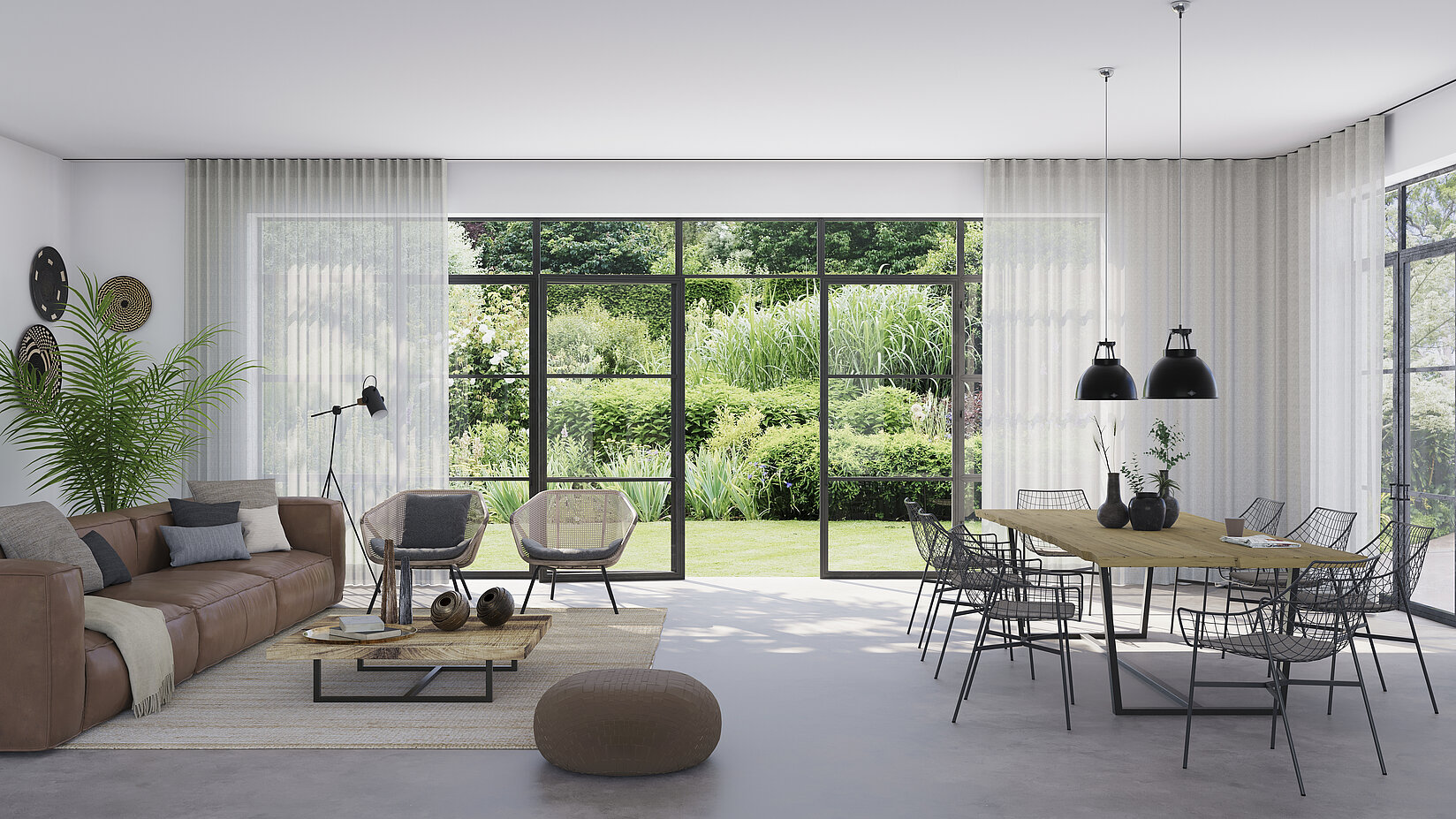 MHZ “Futur Mare 3401” curtain track with wave fold and semi-transparent curtains in a modern living-dining room.