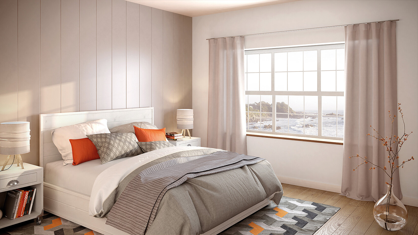 MHZ “Skalar Mini” curtain track with light beige, translucent curtains in a cosy bedroom.