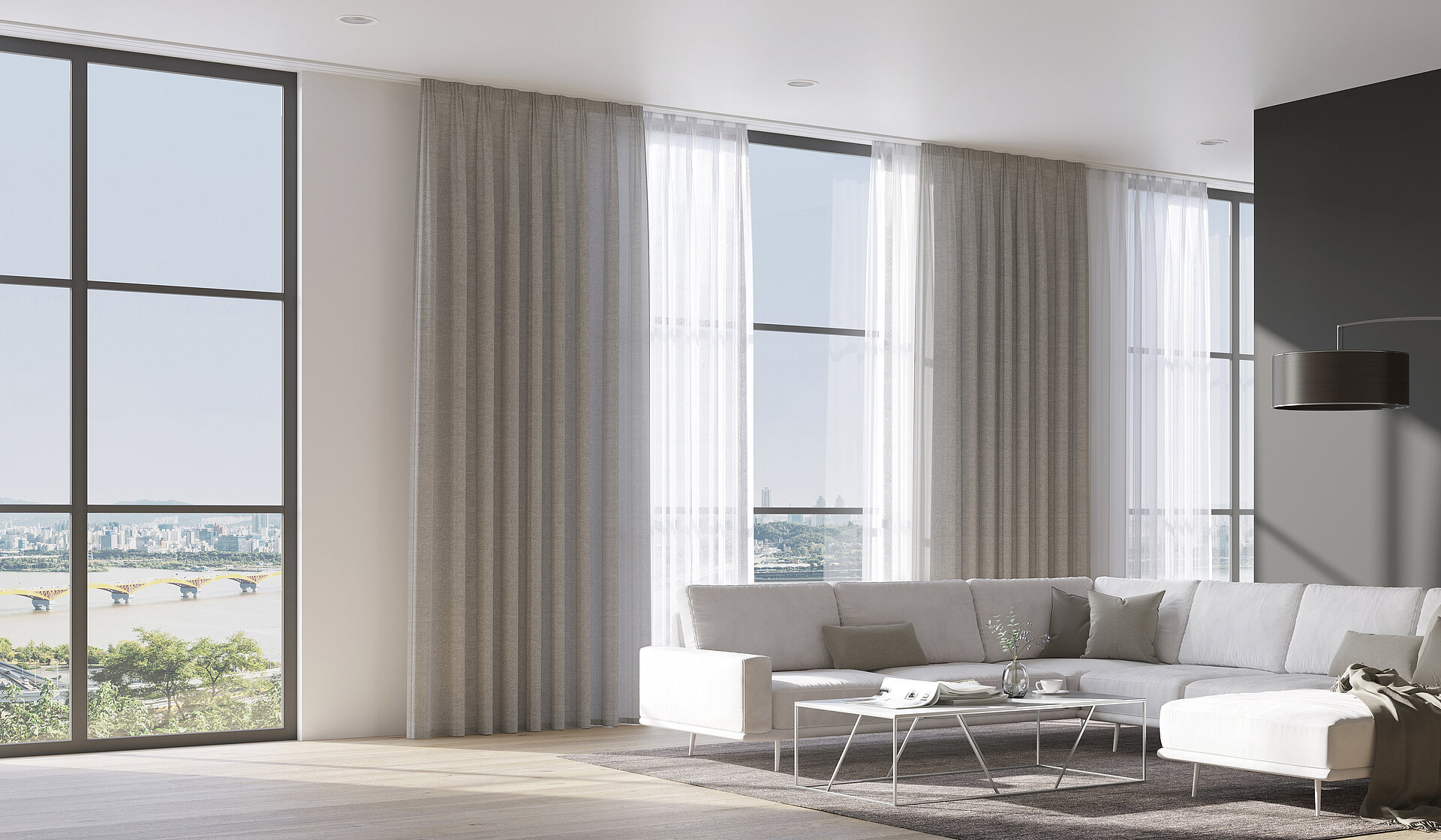 MHZ “Zet” curtain track with semi-transparent “Helios 3274” and “Selene 3311” fabrics in a modern living room with large windows.