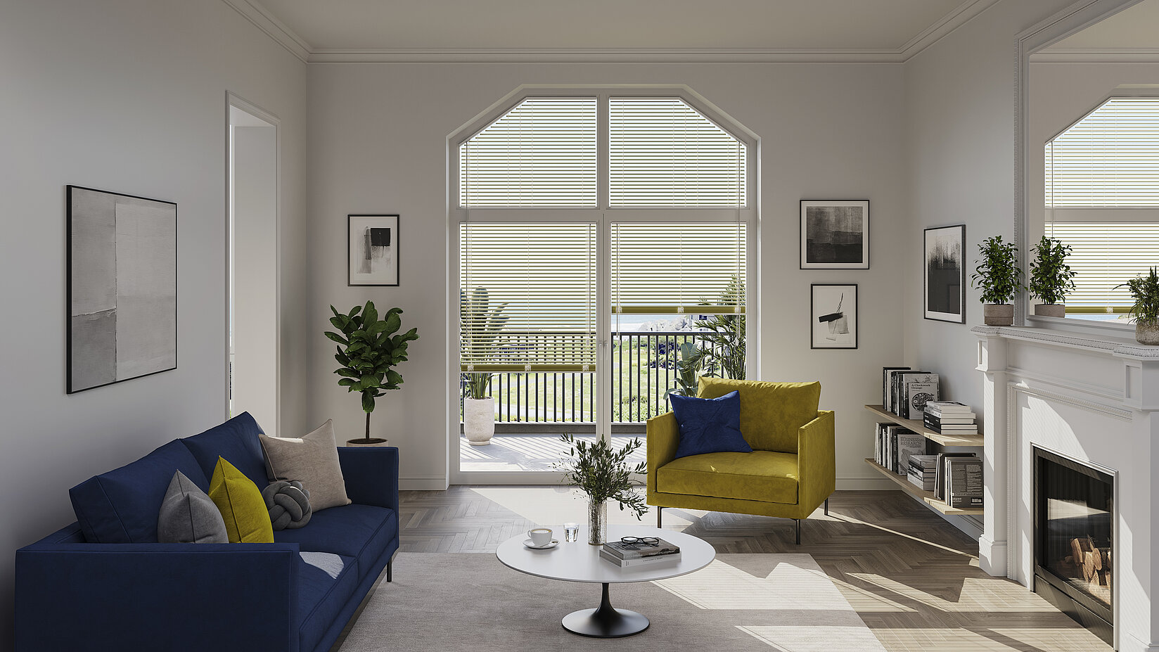 Living room with five-sided window and MHZ venetian blind in Obscure with slats for privacy and sun protection.