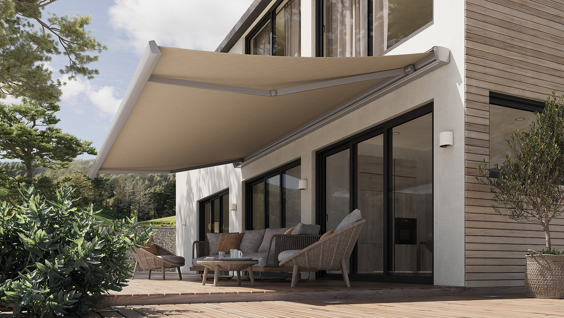 Außenansicht Terrasse mit Markise in beige