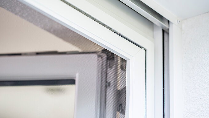 Close-up of the top section of an open swing door with insect protection frame.