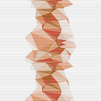 Honeycomb blind with vertical pattern of faceted shapes in red, terracotta and natural tones – design “Facette W4 6640”.