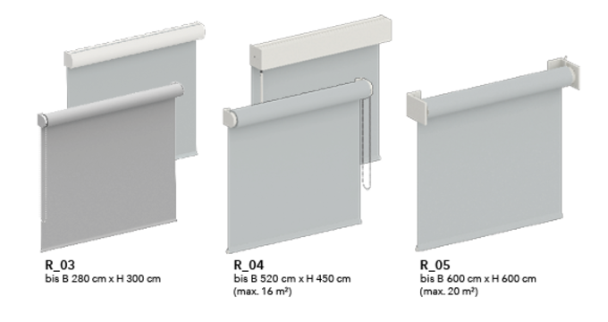 Drei verschiedene Rollosysteme mit technischen Angaben zu Breite und Höhe für den Innenbereich