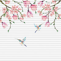 Close-up of a white pleated blind with a watercolour design showing blooming pink branches and two vibrant hummingbirds in flight.