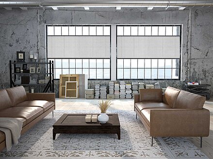 Loft mit großen Fenstern und hellgrauen Plissees als stilvoller Sichtschutz im Industrial Design