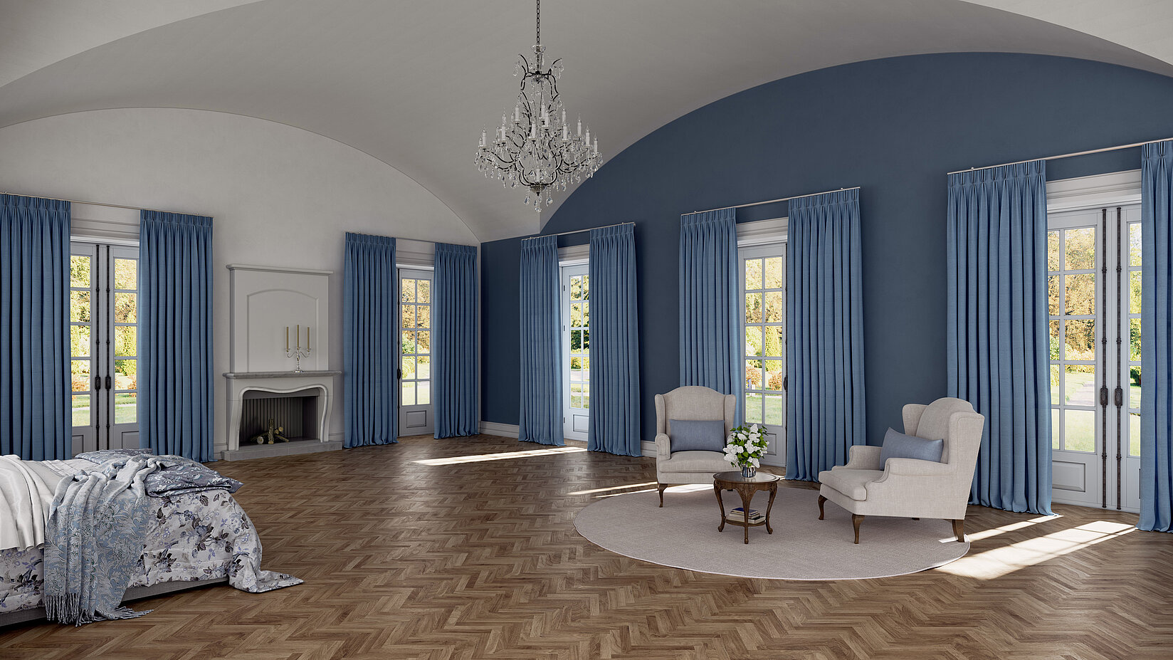 Klassischer Raum mit hohen Decken, weißen Wänden und MHZ Vorhängen in Blau vor bodentiefen Fenstern.