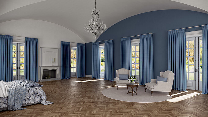 Klassischer Raum mit hohen Decken, weißen Wänden und MHZ Vorhängen in Blau vor bodentiefen Fenstern.