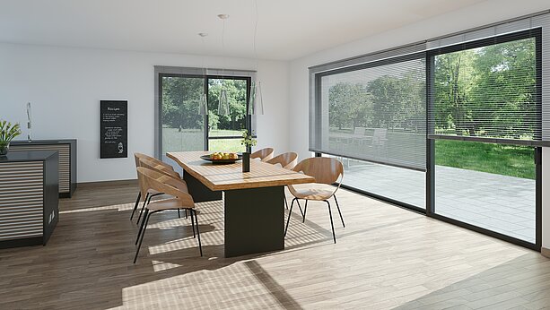 Dining area with large windows and grey venetian blinds. Horizontal slats manage light while preserving the view outside.