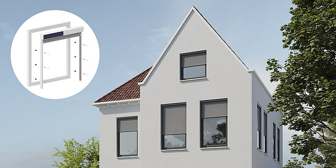 Wohnhaus mit drei montierten Solix FIX Außenrollos von MHZ, links Montageskizze.