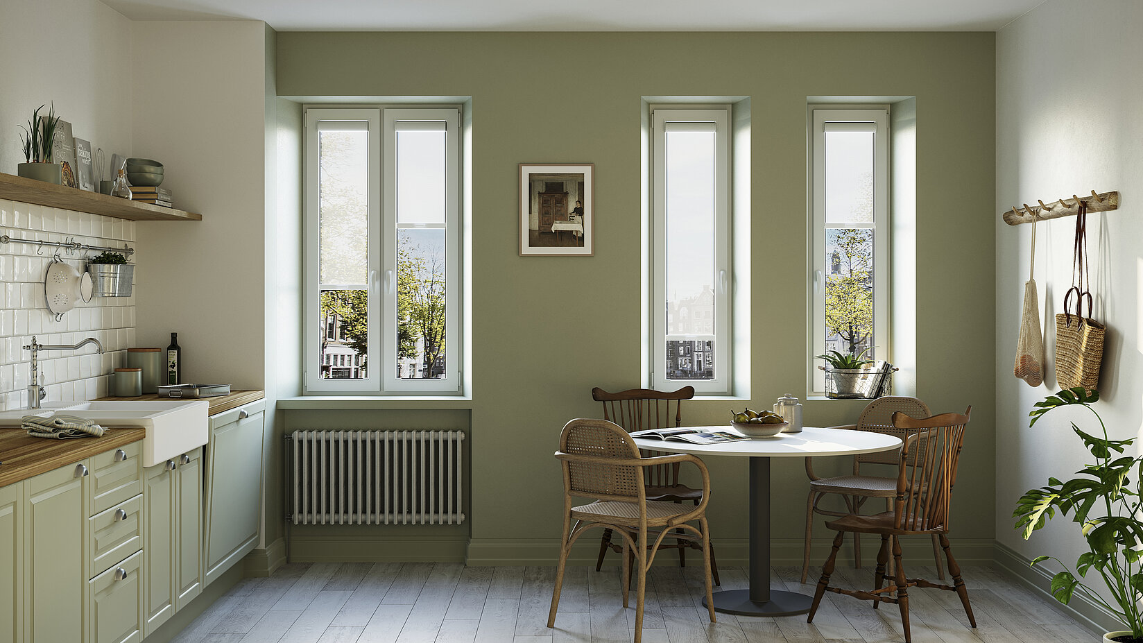 mhz-rollo-skiro-sonderform Skandinavisch eingerichtete Küche mit MHZ-Rollos vom Typ „Skiro“ als Sicht- und Sonnenschutz an drei Fenstern.