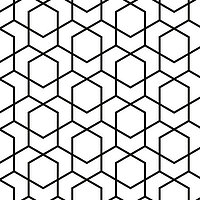 Lamellenvorhang mit schwarzem Hexagon-Muster auf weißem Grund.