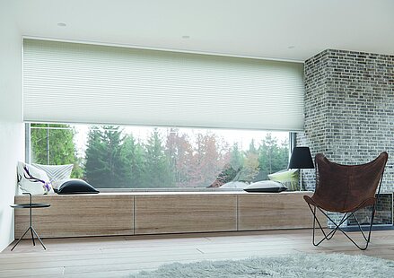 Großes Fenster mit beige-farbenem Wabenplissee in modernem Wohnzimmer mit Naturdeko und Ausblick ins Grüne