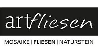 Logo des Unternehmens „artfliesen“ mit den Begriffen „Mosaike, Fliesen, Naturstein“ in schwarzer und weißer Gestaltung.