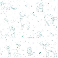 Helle Waldtierzeichnungen in Mintgrün auf Weiß – Motiv „Wildlife“ für dezente Lamellenvorhänge im Kinderbereich