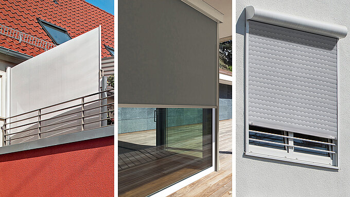 Three side-by-side photos show a side awning, a vertical blind, and a roller shutter.