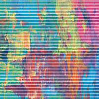 Digital close-up of a colourful pleated blind with an abstract, brushstroke-style pattern in blue, green, orange, purple and pink.