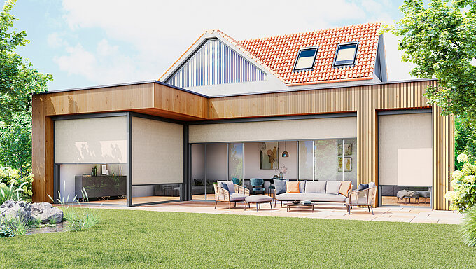 Moderne Hausfassade mit ZIP-Senkrechtmarkisen von MHZ zur textilen Verschattung großer Fensterflächen.