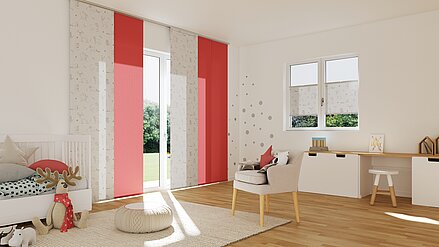 Kinderzimmer mit Flächenvorhang und Plissee mit dem Motiv von verschiedenen gezeichneten Waldtieren WILDLIFE