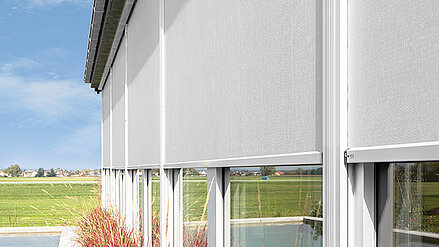 Außenliegende Sonnenschutz-Rollos vor bodentiefen Fenstern eines modernen Hauses mit Blick auf eine grüne Landschaft.