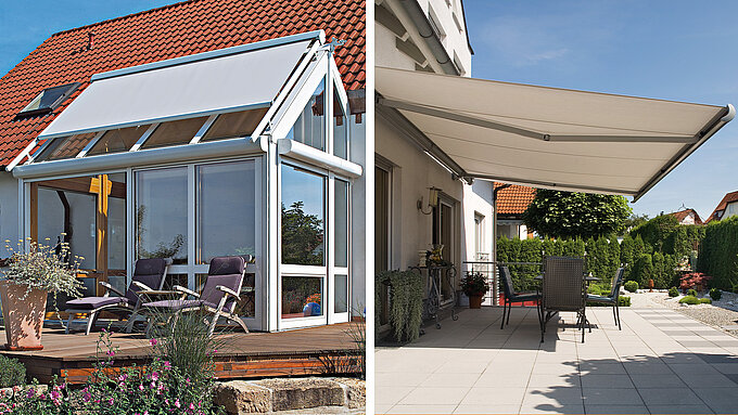 Left image shows conservatory with exterior shading, right image shows patio with awning.