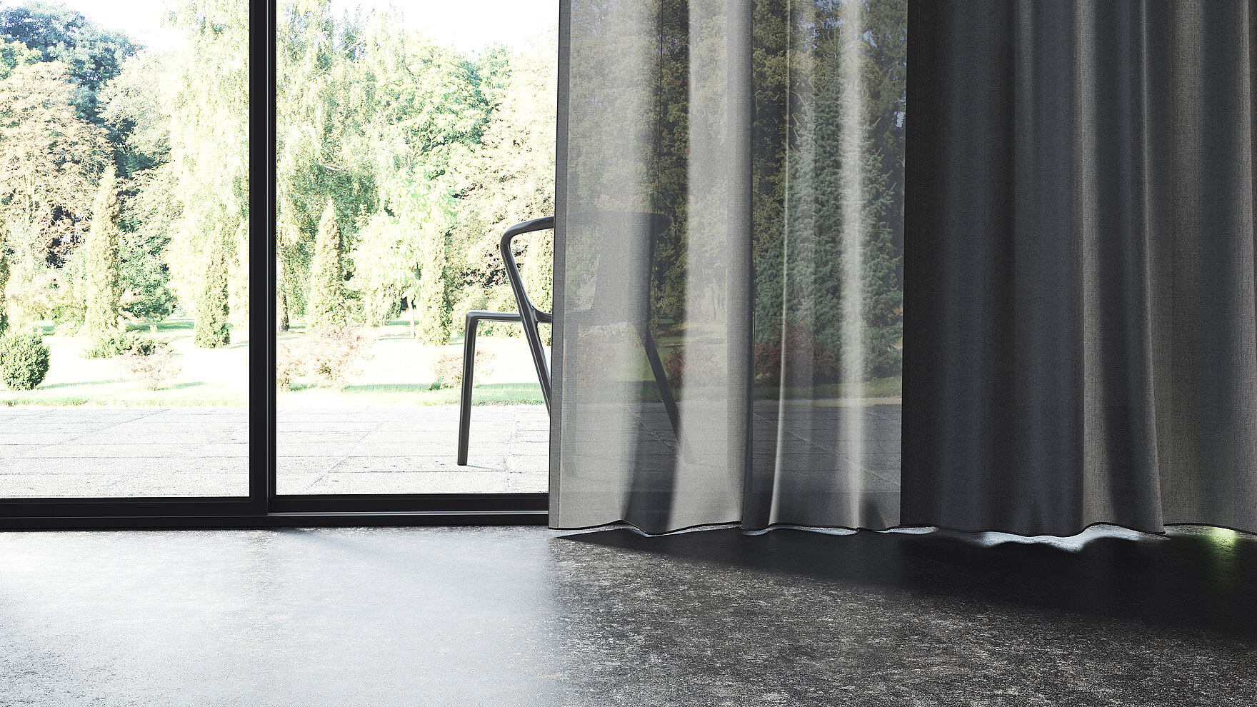 Nahaufnahme eines weißen MHZ-Stores und eines grauen Vorhangs vor einem großen Fenster mit Blick ins Grüne.