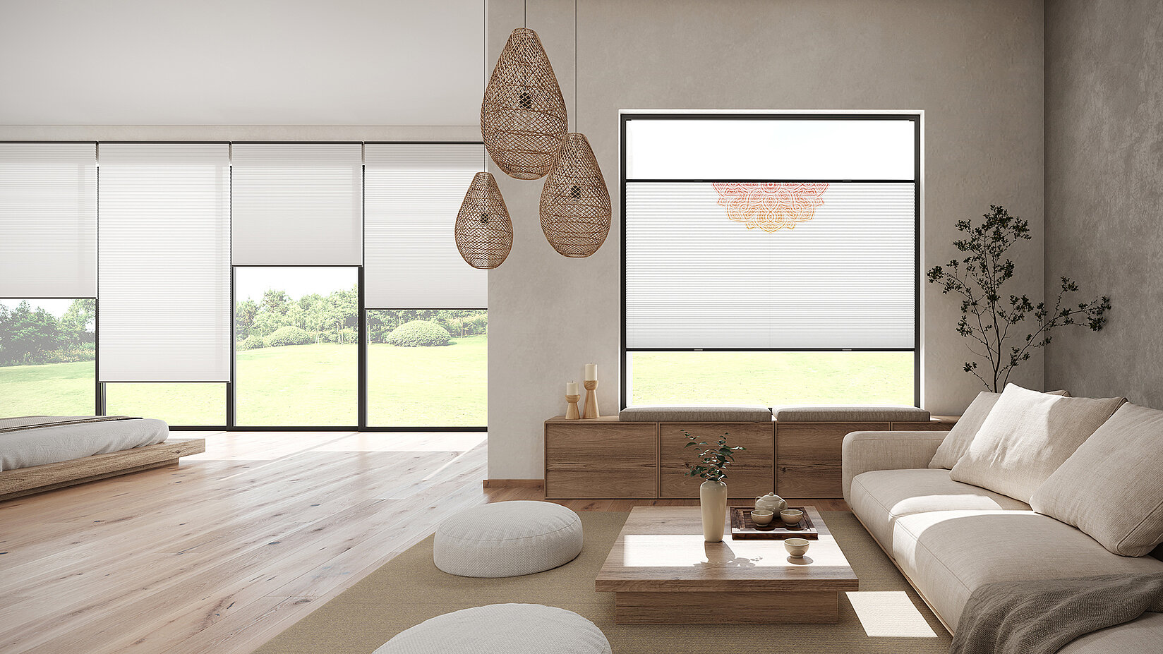 Japandi-style room with MHZ Duette® blind featuring a mandala design.