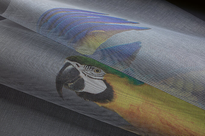 bedruckter Insektenschutz mit Papagei-Motiv