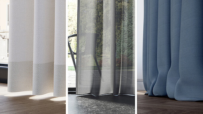 Drei Vorhänge im Vergleich: schwebend, bodenlang und überlang aufliegend.