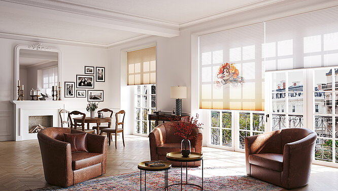 “Jolie” pleated blind in orange with floral pattern in bright living room with classic furnishings.