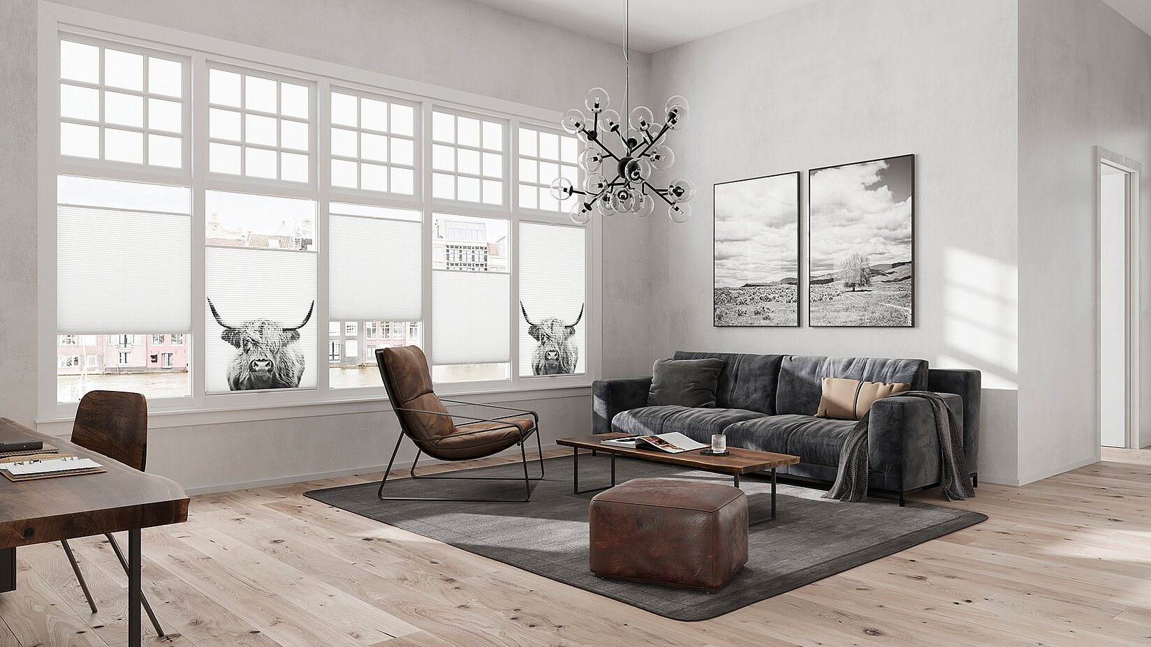 Living room with MHZ Duette® blinds featuring Highland cow motifs in the “Russell” design.