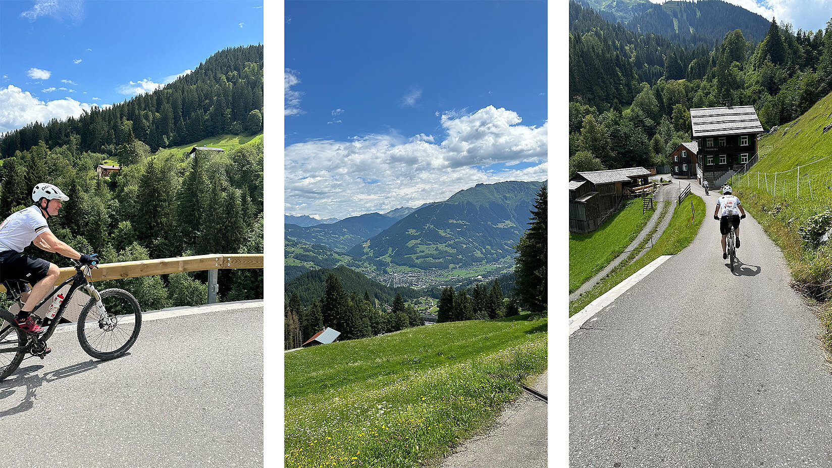 Dreigeteiltes Bild: links ein Mountainbiker am Berg, mittig Panorama mit Tal und Bergen, rechts ein Radfahrer auf einem Weg durch ein Alpendorf.
