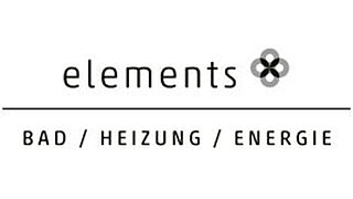 Logo der Marke elements mit den Worten „Bad / Heizung / Energie“ und einem Symbol aus vier grauen Kreisen.
