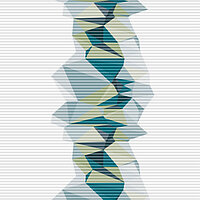 Honeycomb blind with vertical structure of faceted shapes in turquoise, green and grey – design “Facette W4 6644”.