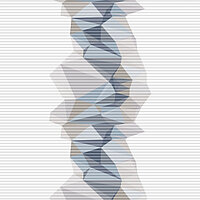 Honeycomb blind with central geometric pattern of faceted shapes in grey, blue and beige – design “Facette W4 6642”.