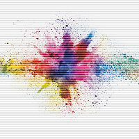 Central colour burst in rainbow shades on white pleated fabric – design “Colours 6600”.