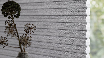 Graues Wabenplissee mit seitlich sichtbarer Wabenstruktur vor einem Fenster, dekoriert mit einer getrockneten Pflanze.