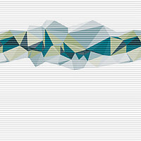 Honeycomb blind with stylised mountain shape in blue, petrol and green on white – design “Mountains W4 6645”.
