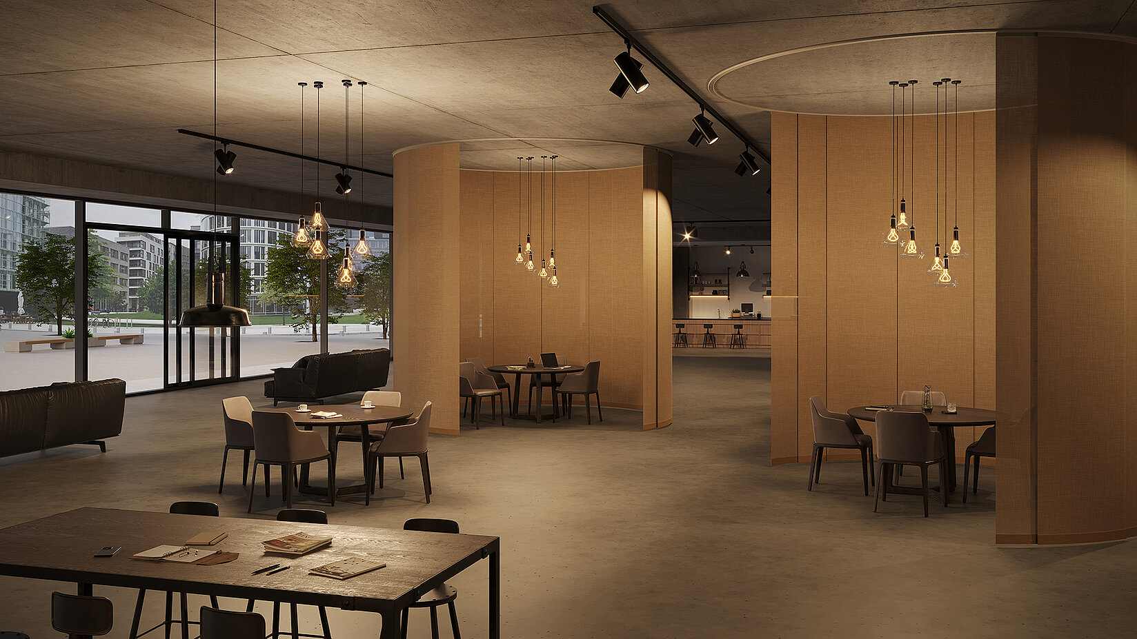 Flächenvorhang Kito in braunem Ton als runder Raumteiler in einem stilvollen Gastronomieraum mit indirekter Beleuchtung.