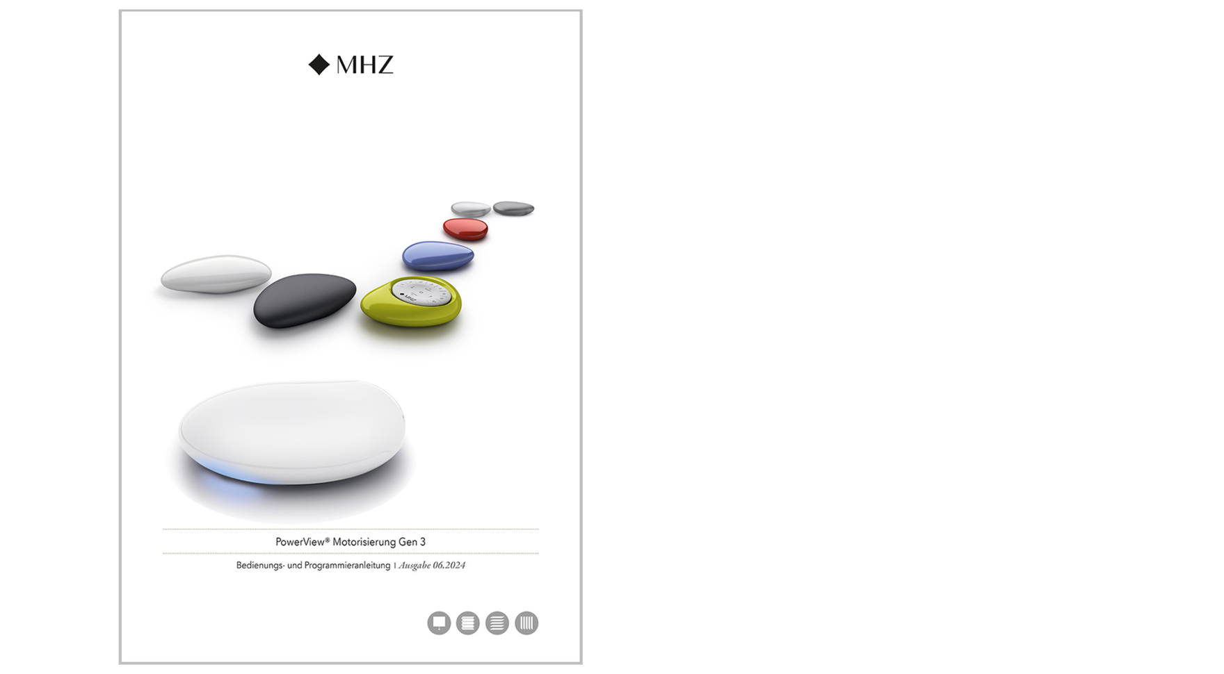 Titelbild der MHZ PowerView® 3 Broschüre mit mehreren farbigen Pebble-Handsendern und MHZ Logo.