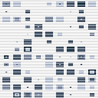 Honeycomb blind with digital rectangle pattern in blue and grey tones – design “Code Blue”.